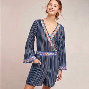 Anthropologie LAIA Nantucket Embroidered Romper Size Medium Striped Boho Blue